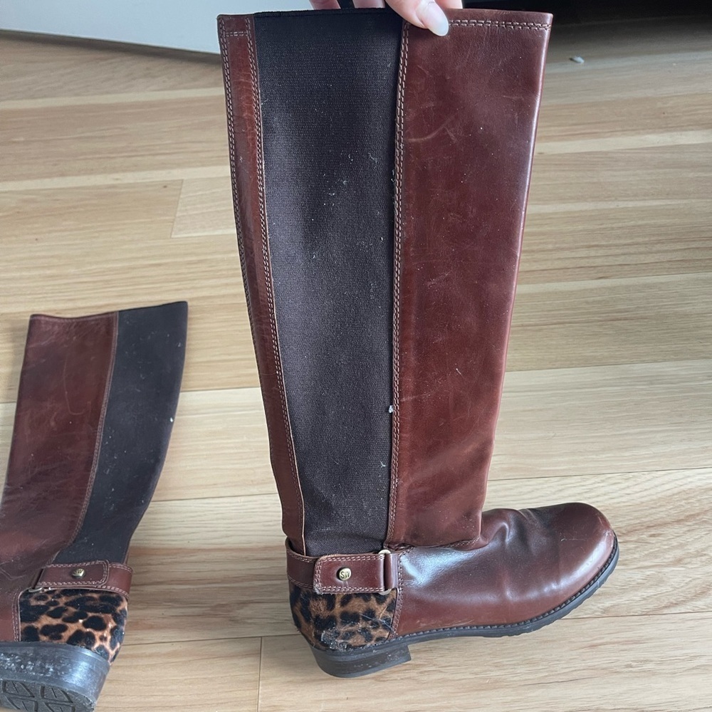 Stuart Weitzman Leather and Leopard Heal Knee High Boots Brown - Picture 4 of 9